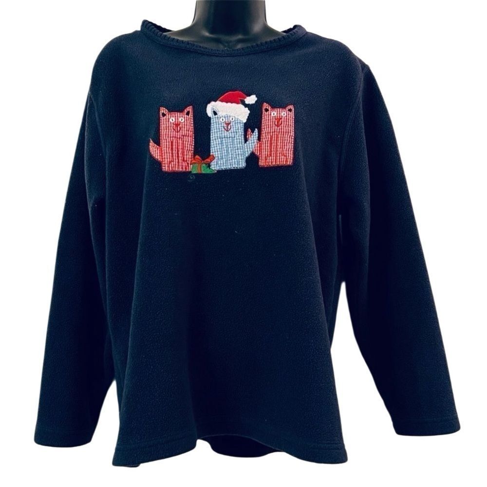 Cats Christmas Gingham Santa Hat Applique Navy Fleece 80s Kitty Sweatshirt L VTG